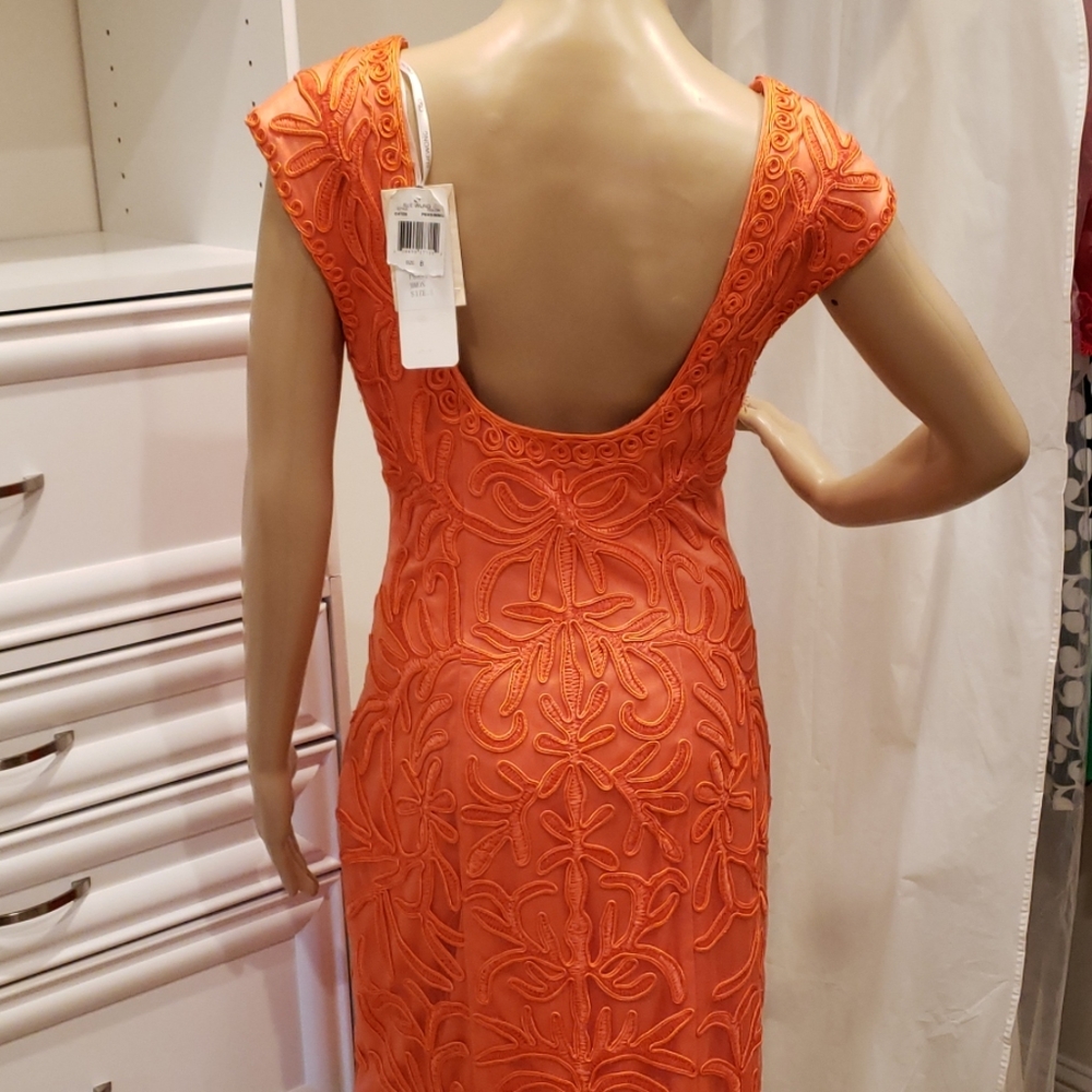 Sue Wong Low-Back Embroidered Tangerine  Dress